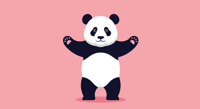 Cute cartoon panda standing on two feet with arms outstretched, displaying an open and inviting posture against a plain pink backdrop.