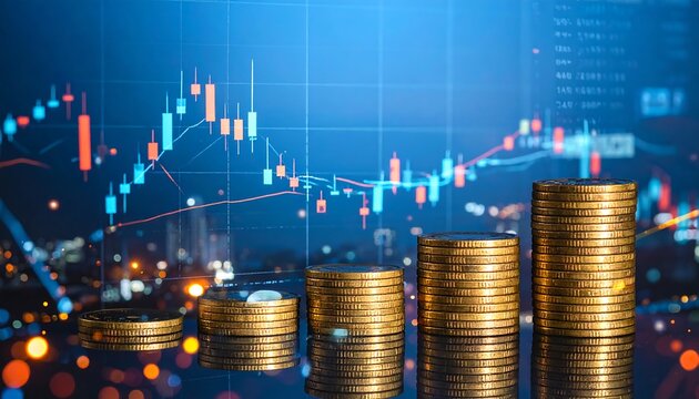 Stacks of gold coins are arranged in front of a computer screen displaying dynamic graphs, symbolizing a prosperous digital economy