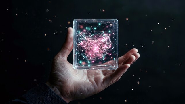 A person's hand gently holds a transparent cube containing a complex, glowing network of pink and blue lights, set against a dark, speckled background.