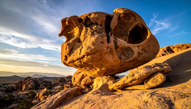 Unique rock formation in Joshua Tree National Park at sunset.