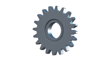 A shimmering 3D render of a single, metallic gray gear with precision-cut teeth, ideal for mechanical and industrial designs. background removed