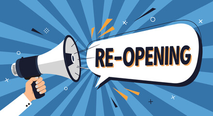 Megaphone announces re-opening with a speech bubble on a radial blue background.