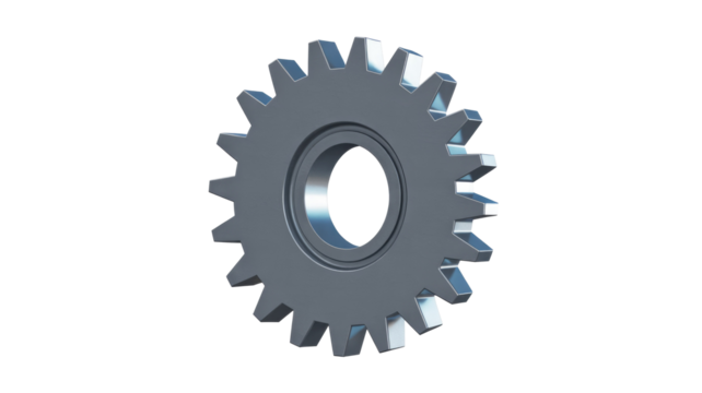 A shimmering 3D render of a single, metallic gray gear with precision-cut teeth, ideal for mechanical and industrial designs. background removed