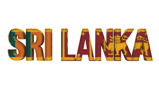 Vibrant 3D text spelling 'SRI LANKA', showcasing the national flag's design within its letters, featuring the iconic lion and sword emblem. background removed