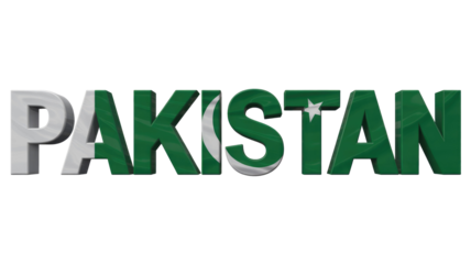 3D word 'PAKISTAN' featuring the national flag's green and white, with crescent and star, on a solid transparent background. background removed