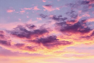 Obraz premium Pastel clouds paint a breathtaking sunset sky over a tranquil landscape, showcasing vibrant hues of pink, purple, and orange in the evening light