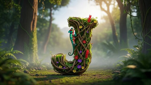 Enchanting jungle letter J formed from moss vines and flowers with a vibrant chameleon climbing