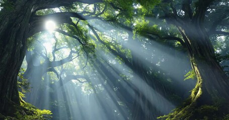 Enchanted ancient forest with dramatic sunlight beams filtering through tall trees - Powered by Adobe