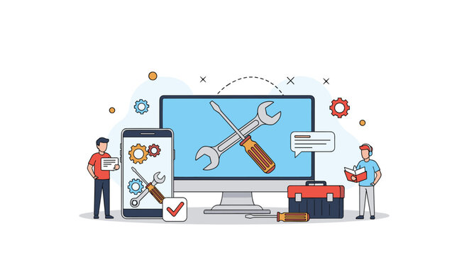 Illustration of tech support and computer repair services with tools and devices.