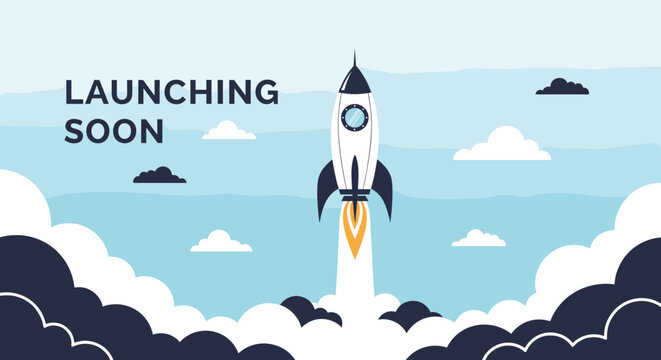 Launching soon graphic featuring a rocket ascending into a cloudy sky.