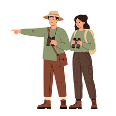 a couple hiking with backpacks and binoculars