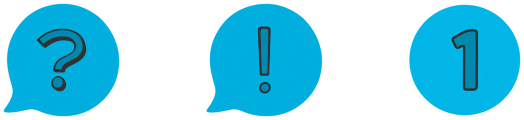 Three blue speech bubbles with question mark, exclamation point and number one isolated on transparent background