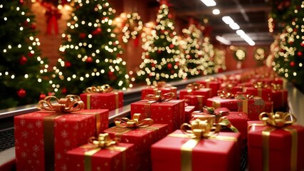 Santa's bustling workshop with an endless conveyor belt of red gift boxes tied with gold ribbons, twinkling lights and decorated trees creating a magical holiday scene big christmas New Year sale - Powered by Adobe