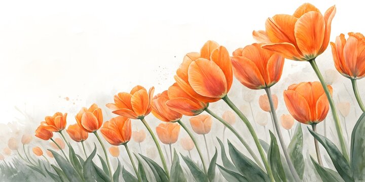 Tulip orange flowers watercolor illustration. Floral background.