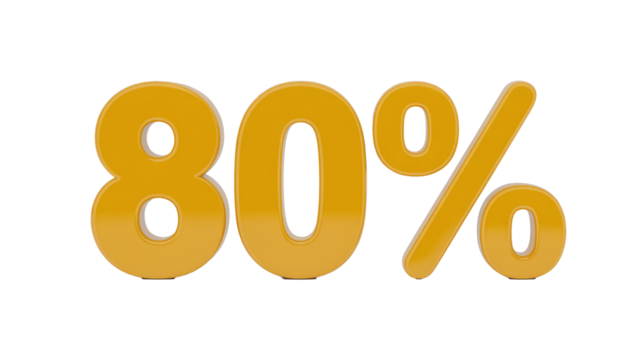 A vibrant, glossy golden-yellow 3D rendering of '80%' with subtle reflections, perfectly set against a solid dark transparent background for impact. background removed