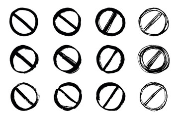 Set of hand drawn prohibition sign No entry symbol Black circle with cross line clipart in doodle style Ban Restriction Forbidden stop Single element for print, web, design