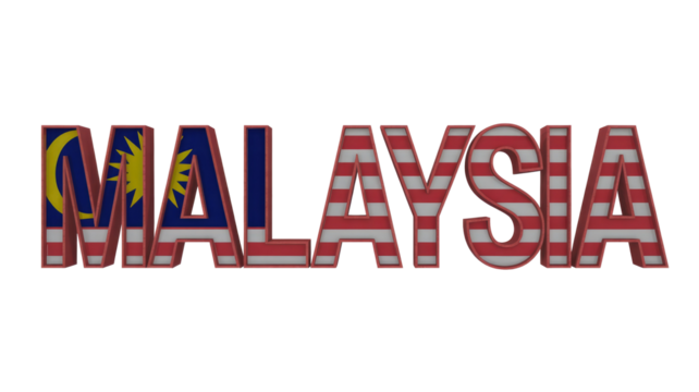 3D text 'MALAYSIA' prominently featuring the vibrant flag design, ideal for national celebrations, travel promotions, or patriotic themes. background removed