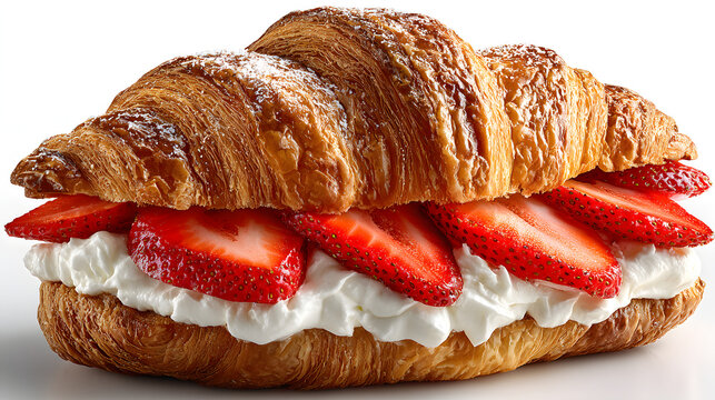 croissant with cream and strawberries filling on white background.  - Powered by Adobe