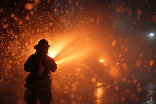 Firefighter extinguishes flames with water in a dramatic midnight scene surrounded by sparks