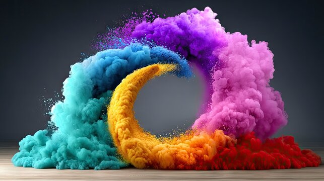 A dynamic display of colorful powder clouds, including teal, yellow, orange, pink, purple, and red, swirling in a circular pattern.