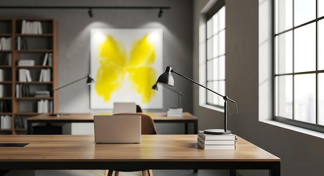 Modern office interior with wooden desks, laptops, and a vibrant butterfly artwork on the wall