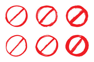 Set of hand drawn prohibition sign No entry symbol Red circle with cross line clipart in doodle style Ban Restriction Forbidden stop Single element for print, web, design