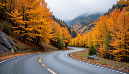 Curved road autumn forest mountain valley yellow foliage wet asphalt misty hills travel serene mood