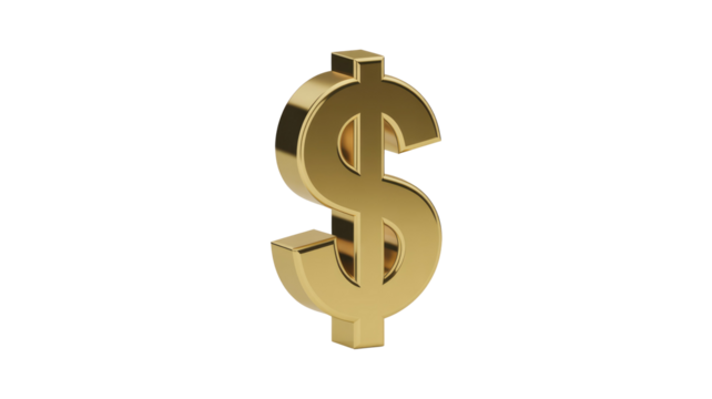 A gleaming 3D golden dollar sign symbol stands prominently on a solid transparent background, representing wealth, finance, and economic value. background removed