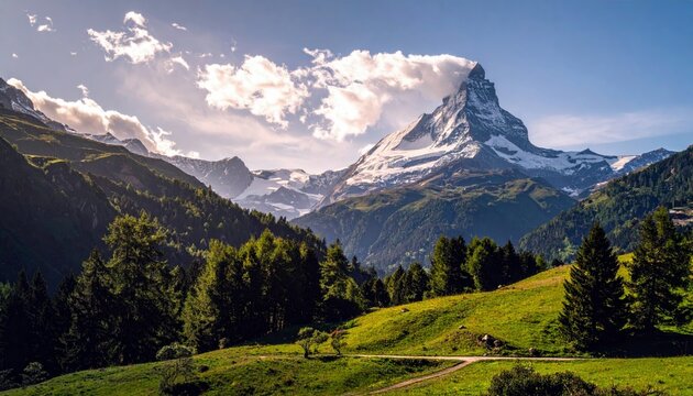 A majestic, snow-covered mountain peak dominates the landscape, with rolling green hills and dark green pine trees in the foreground.