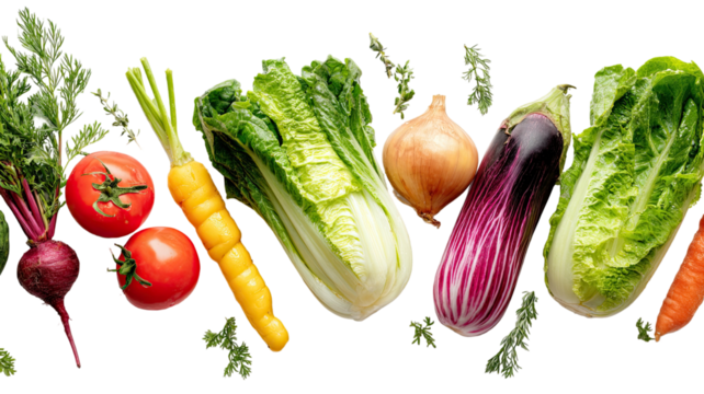 Fresh assorted vegetables with vibrant colors and natural textures arranged for healthy cooking and nutrition themes isolated on white background