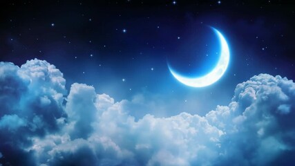 Glowing crescent moon in starry night sky with fluffy clouds serene celestial atmosphere peaceful - Powered by Adobe