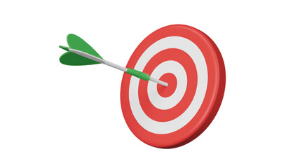 A white dart with green fletching perfectly strikes the red and white bullseye of a circular target, symbolizing success and accuracy. background removed