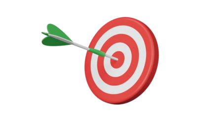A white dart with green fletching perfectly strikes the red and white bullseye of a circular target, symbolizing success and accuracy. background removed