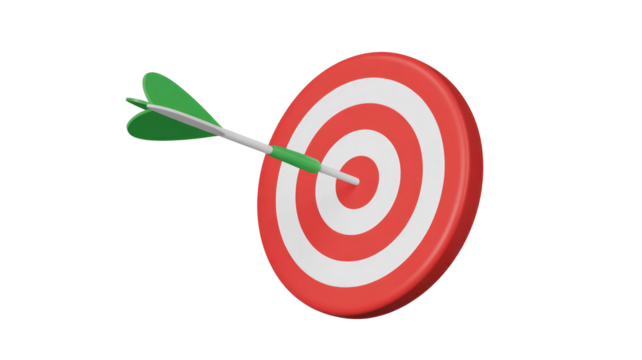 A white dart with green fletching perfectly strikes the red and white bullseye of a circular target, symbolizing success and accuracy. background removed