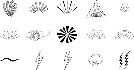 Abstract Line Art and Comic Element Icons on White Background sunburst wave