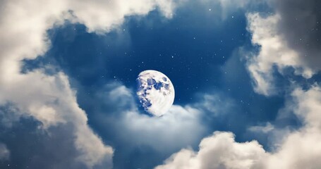 Moonlit Sky Through Glowing Clouds Under a Starry Night Horizon - Powered by Adobe