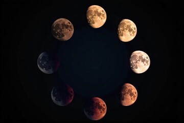 Obraz premium Stylized moon phase cycle in a dark, abstract background A stylized, minimalist graphic showing the full cycle of moon phases as perfect circles arranged in a flow against a deep, abstract dark