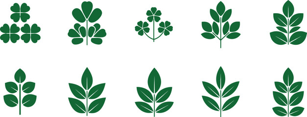 Collection of Green Leaf and Clover Icons on White Background leaves plant