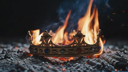 Burning golden crown on fire, representing power and destruction concept.