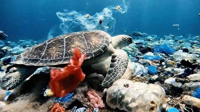 Ocean turtle swimming through plastic pollution.