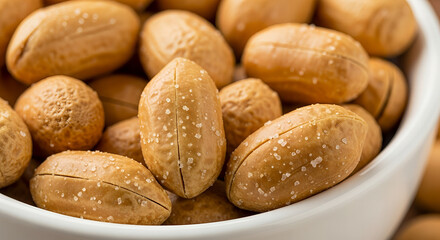 Obraz premium Delicious roasted brown almonds in a white bowl, healthy dried nut snack ingredient