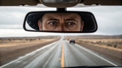 Low season road trip concept. A driver’s intense gaze reflected in the rearview mirror, capturing the open road ahead.