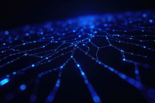 Abstract Tech Circuitry Network An abstract, intricate network of glowing blue and purple digital circuitry lines. The lines are interconnected, forming a complex, three dimensional web that seems to - Powered by Adobe