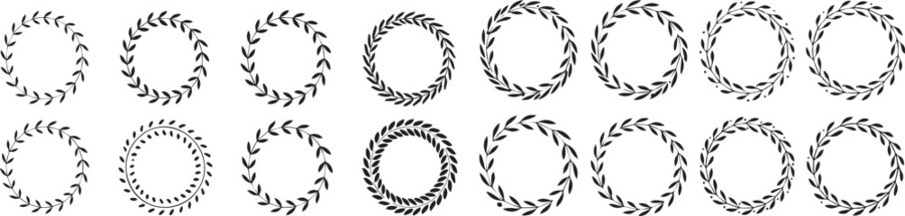 16 Black Oval Laurel Wreath and Leafy Frame Silhouettes vector illustration