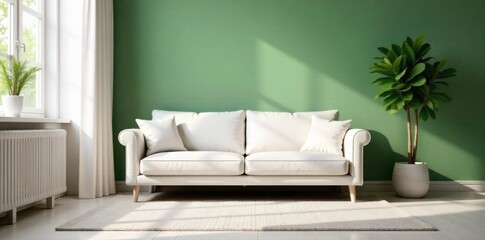 Serene Minimalist Living Space with Natural Light A wide shot of a minimalist living room interior. Soft, diffused natural light streams in from a large window. The space features clean lines, a