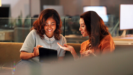 Business women, discussion and meeting with tablet in office, project management or pitch agenda. Conversation, female colleagues and tech with schedule or team online task planning in workplace