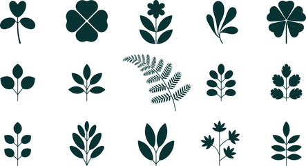 15 Dark Green Botanical Leaf and Clover Silhouettes plant
