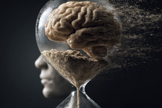 Hourglass filling with sand symbolizes the passing of time and the weight of thoughts, merging the concepts of time and mental processes in a creative display