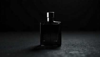 Dark, moody perfume bottle with dramatic lighting and a textured dark surface, projecting mystery. A dark, opaque perfume bottle with a metallic accent, placed on a dark, rough textured slate surface.