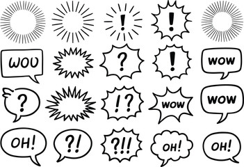 Hand-drawn black and white comic style speech bubbles with text and symbols vector